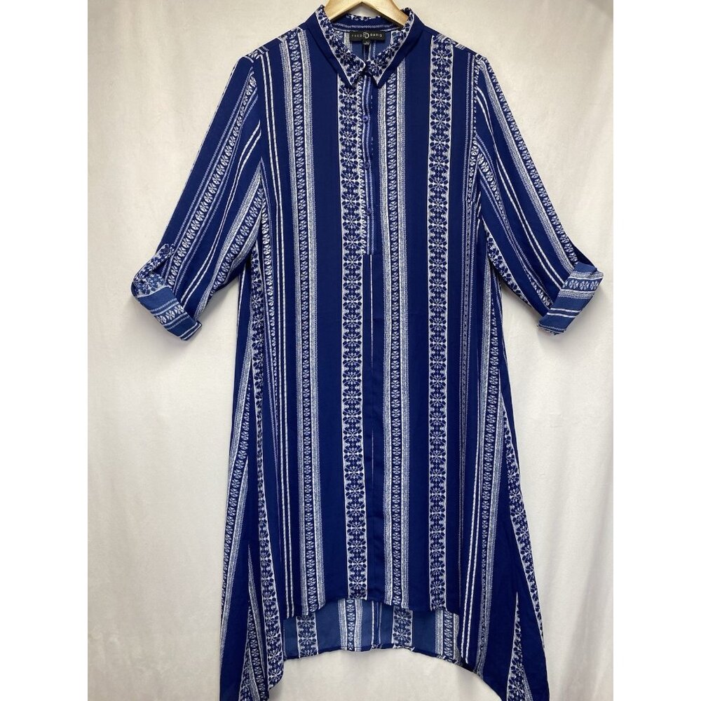 Fred David SheerCollared Long Sleeve Shirt Dress Women Large Blue Asymmetric Hem